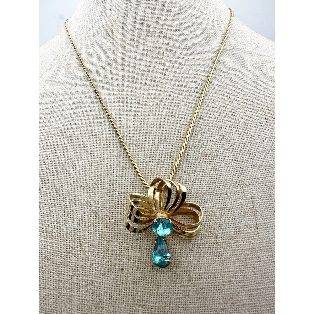 Vintage Scitarelli Bow Floral Necklace Gold Tone Rhinestone 17”